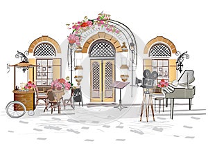 Series of backgrounds decorated with flowers, old town views and street cafes.